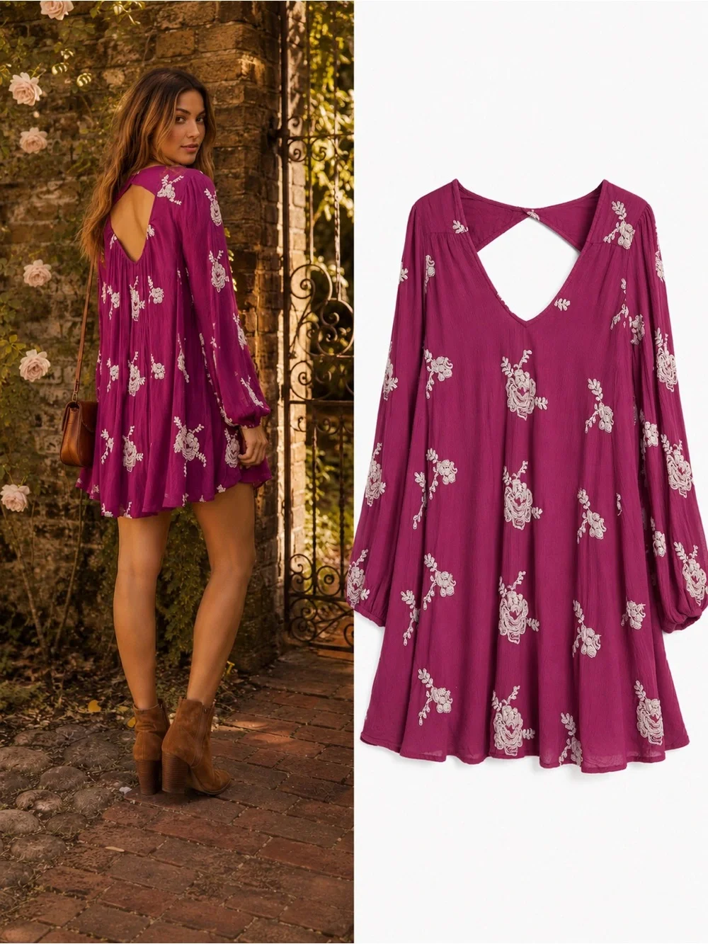Free People Austin Emma Embroidered Swing Mini Dress Magenta XS